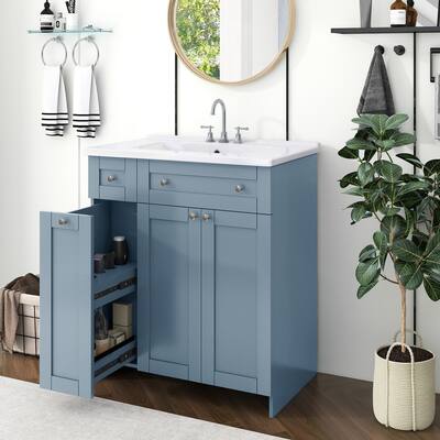 Compact 30" Blue Bathroom Vanity with Ceramic Sink, Soft Close Doors, Spacious Cabinet, and Silver Round Handles