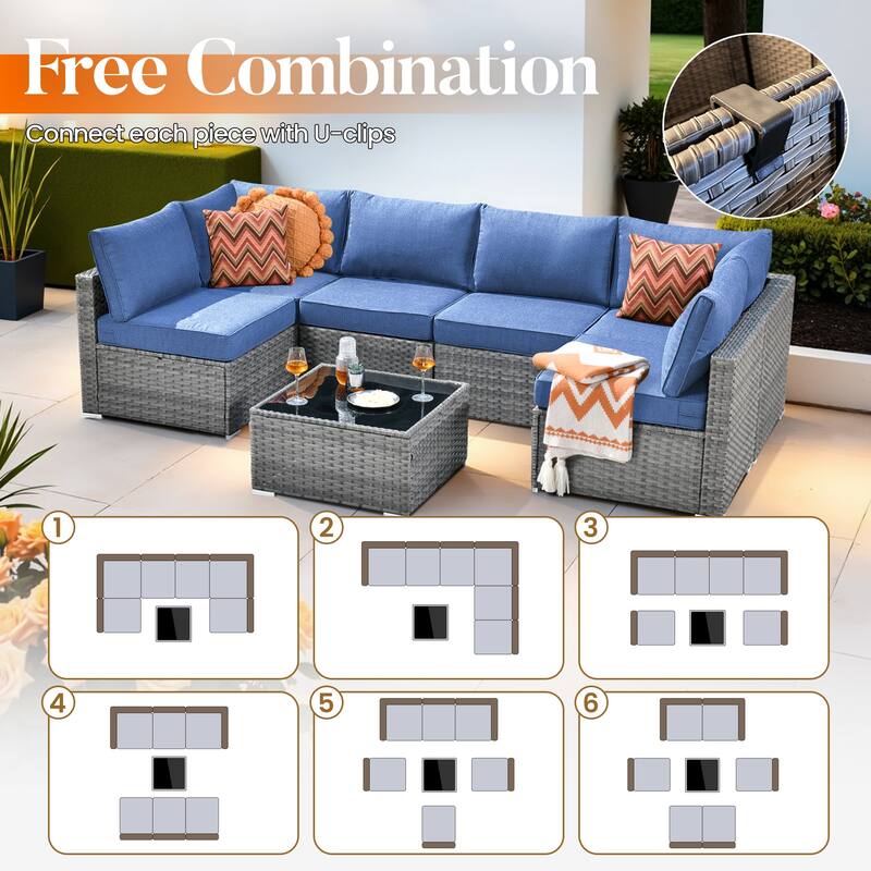 HOOOWOOO 8-piece Grey Wicker Patio Furniture Set Sectional Sofa with Fire Pit Table