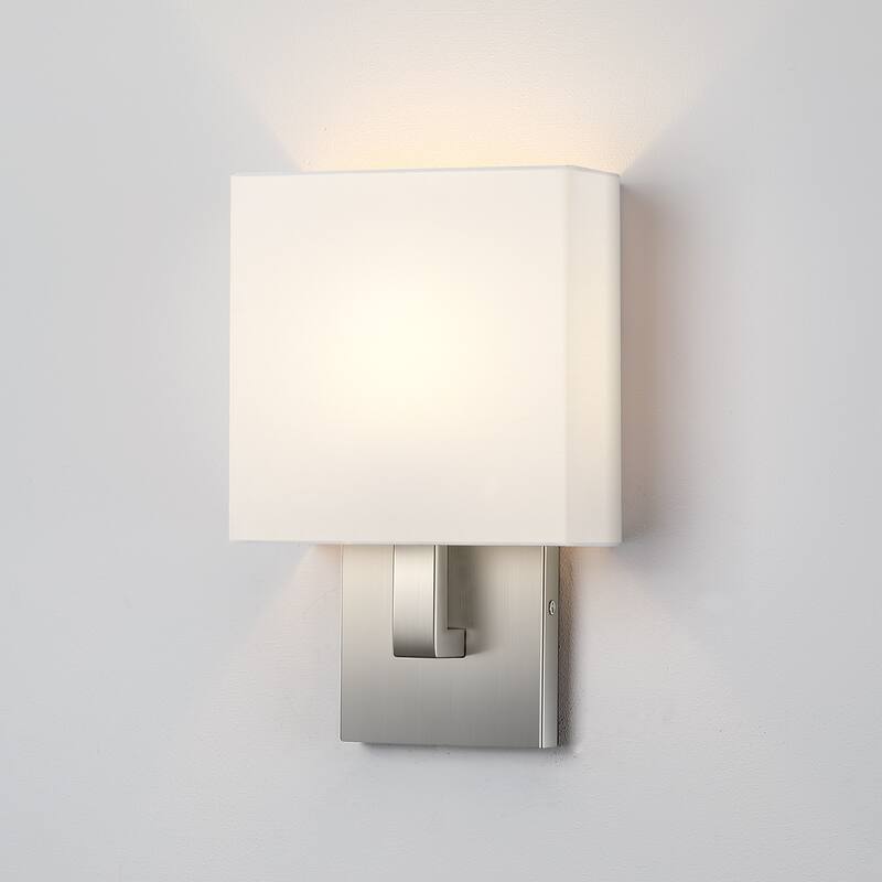 Wall Sconce Light With White Fabric Shade - 7.25''-Brushed Steel