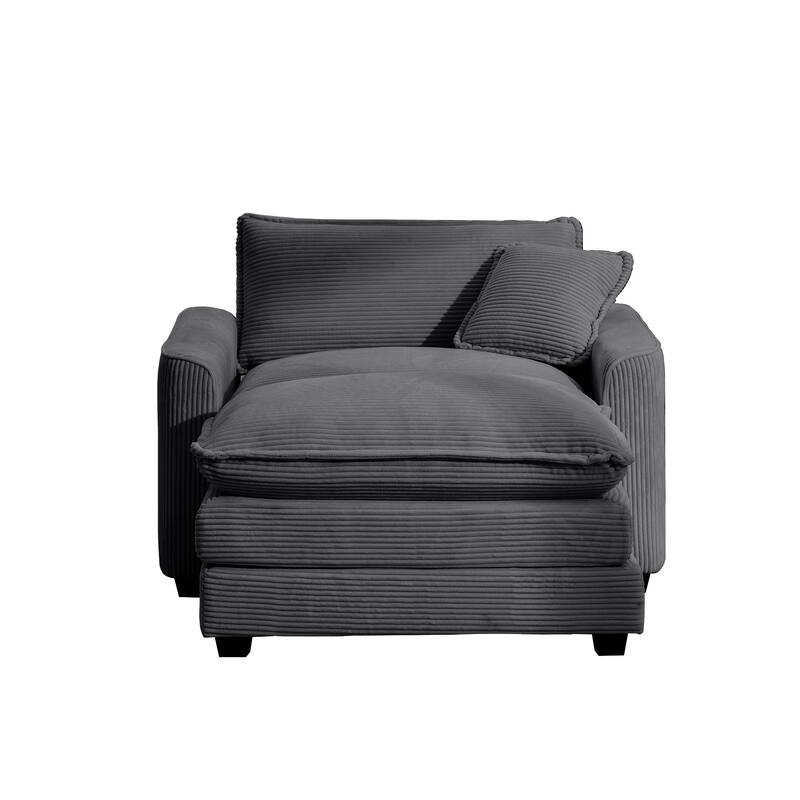 Corduroy Fabric Deep Seat Sofa with Ottoman, Single Deep Seat Accent Sofa Chair with Pillow for Livingroom - Grey