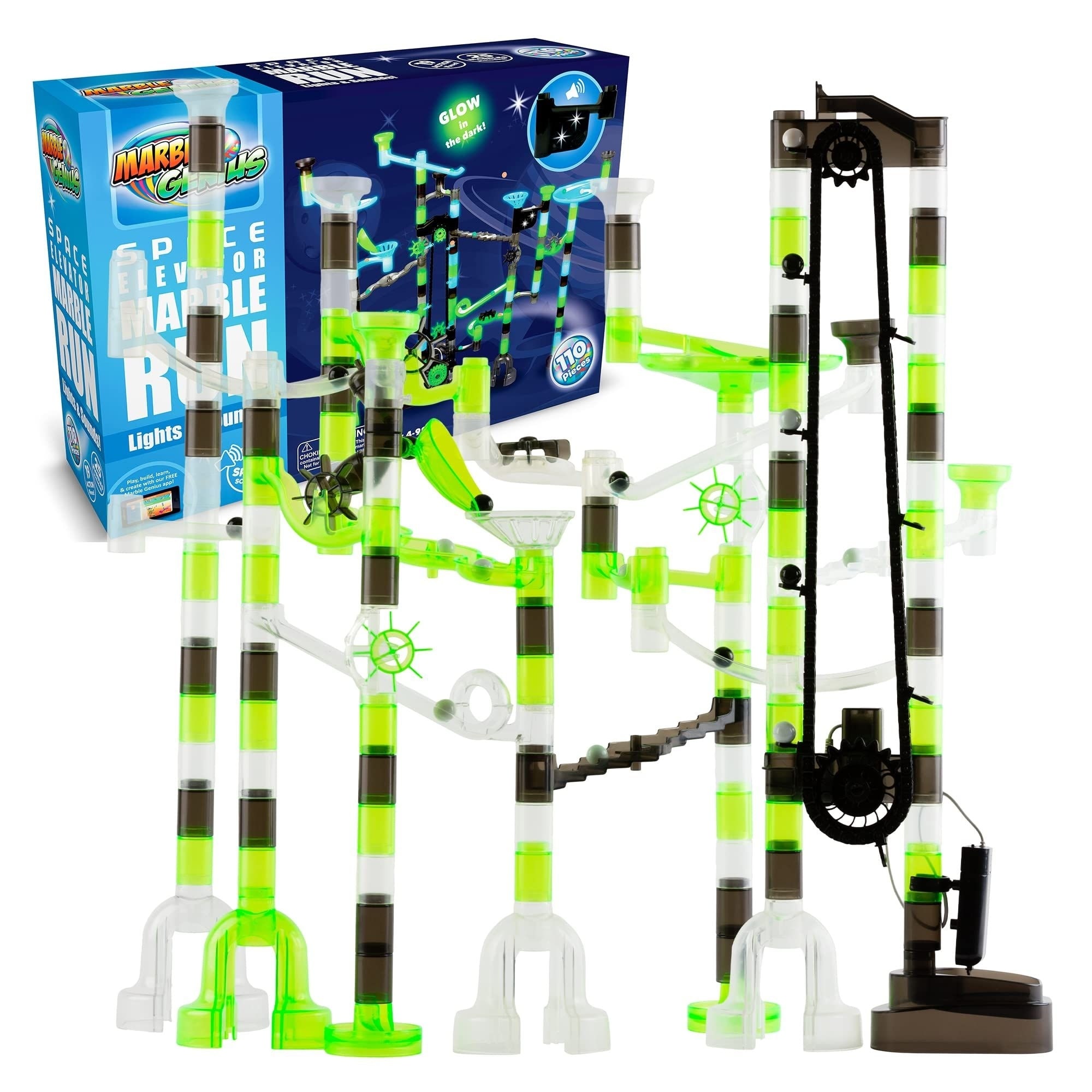 Marble Run Space Elevator Set, 150 Pcs, Glow-in-the-Dark Marbles