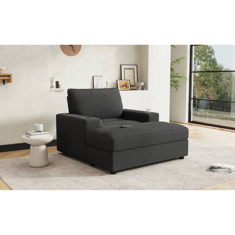 Roomfitters Oversized Chaise Lounge Chair with Storage Ottoman and Built-in USB Charging Port, Corduroy Sleeper Couch