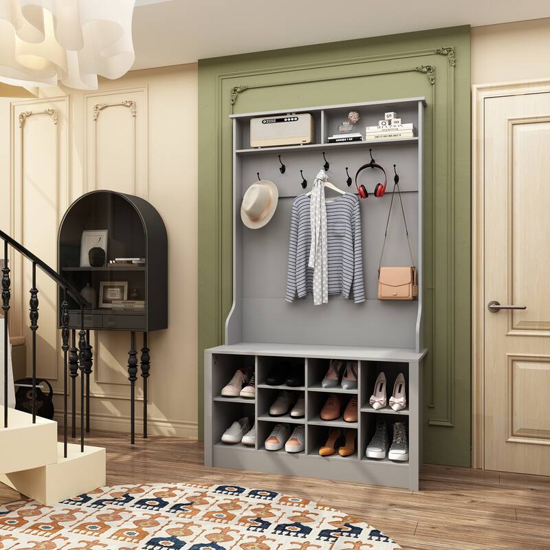 Coat Rack and Storage Bench Hall Tree with Shoe Rack for Entryway