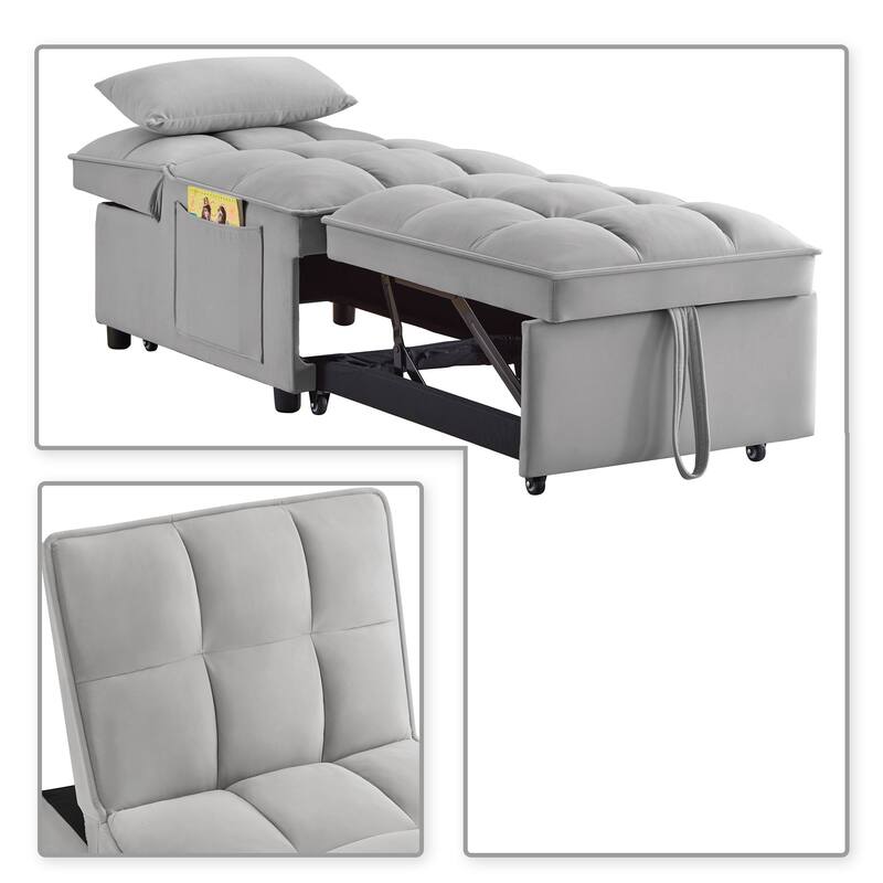 Modren Velvet Upholstered Convertible Futon Chair with Side Storage Pockets