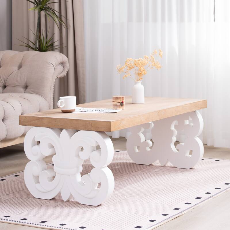 Black Scroll Base Coffee Table, Rectangular Wood Accent Table for Modern Farmhouse Living Rooms