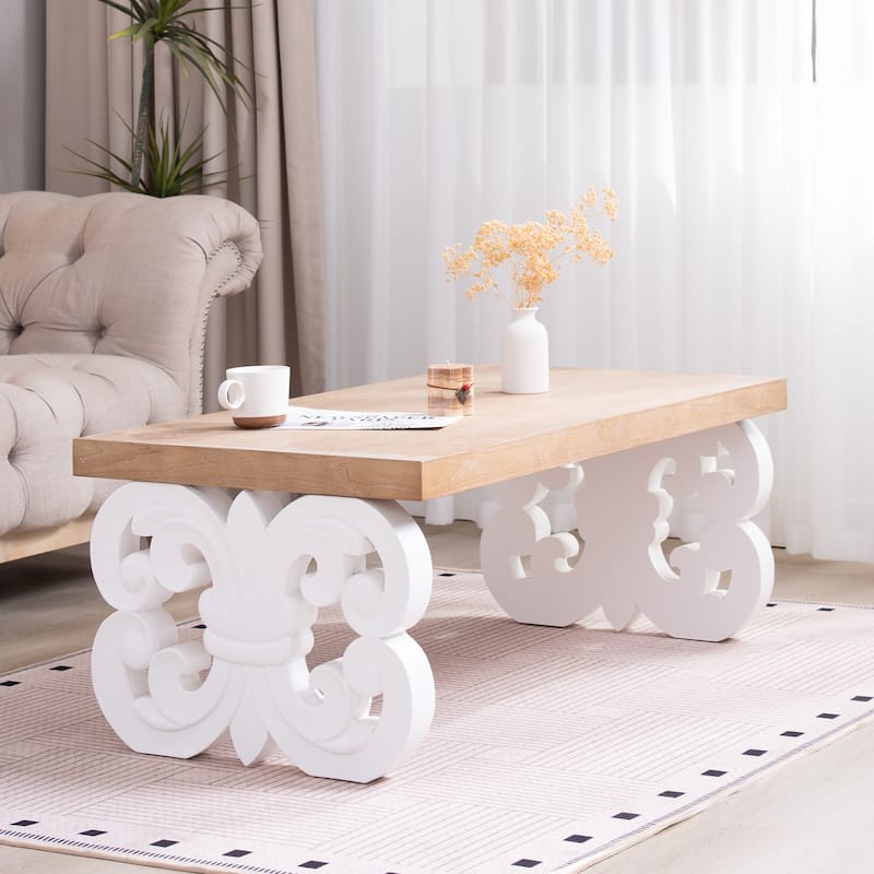 Ornate Rectangular Coffee Table with Carved Base and Natural Wood Top