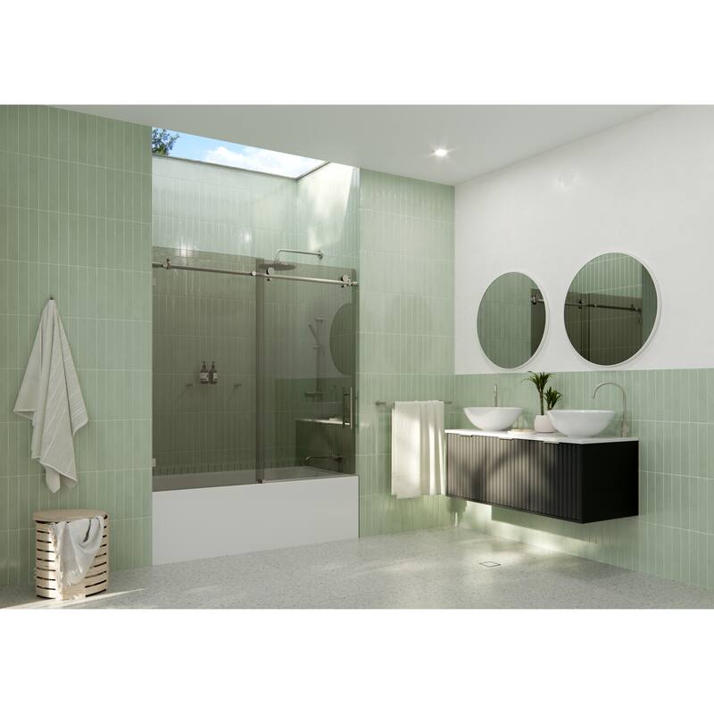 Equinox 60 in. x 60 in. Fully Frameless Glass Bath Slider with Gray Tint