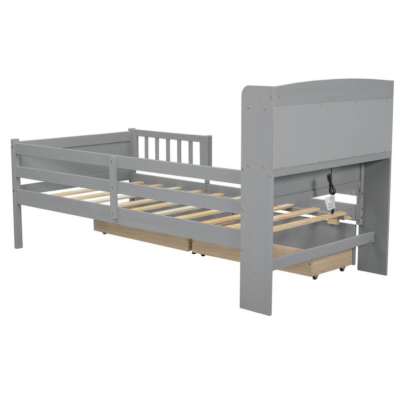 Twin Size LED Platform Bed with Multi-functional Headboard, Guardrails and Storage Drawers, Gray