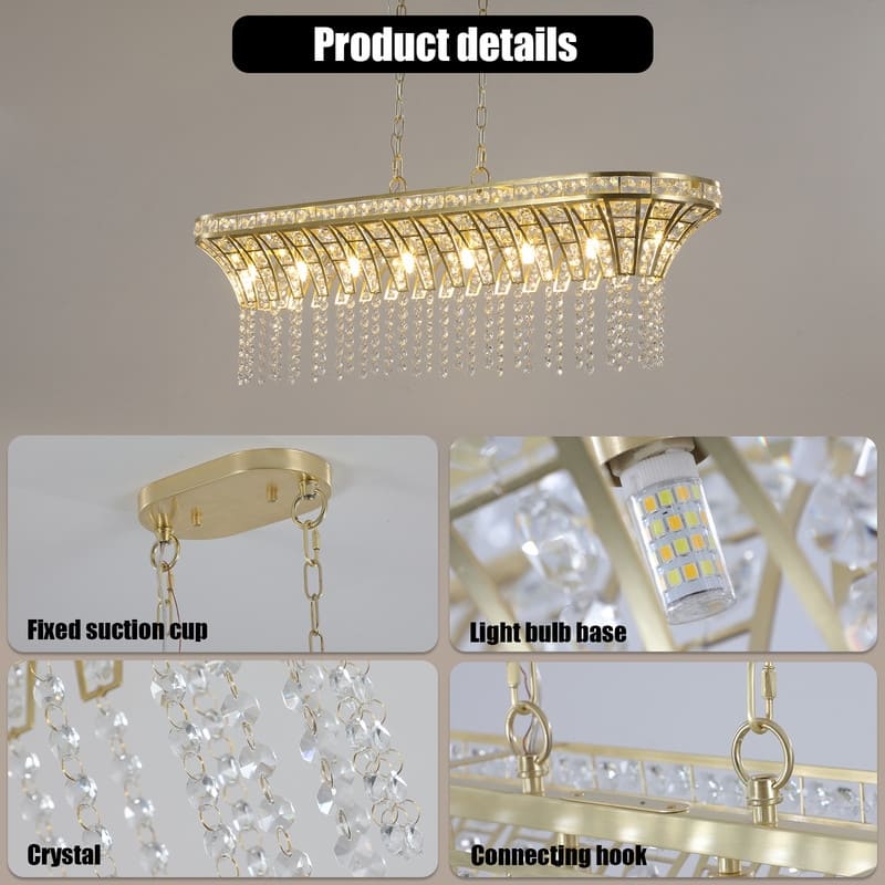 Glam Gold Metal Linear/Drum Crystal Chandelier for Kitchen Island ,Dining Room