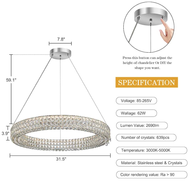 Modern Dimmable LED Crystal Drum Chandelier Glam Ring Lights