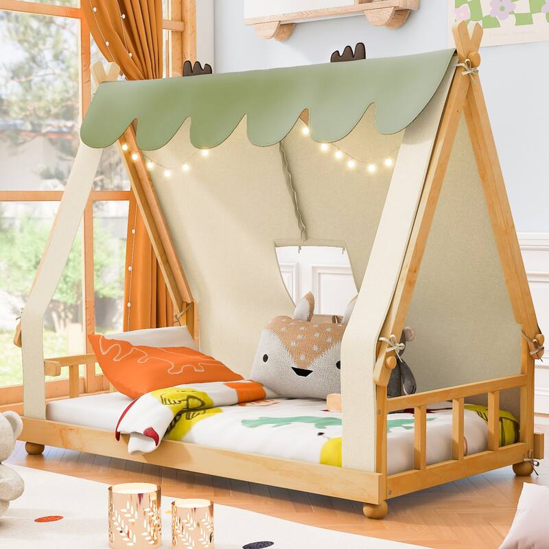 House Bed with Antler Accents Light Tent and Roof Wood Bed Frame