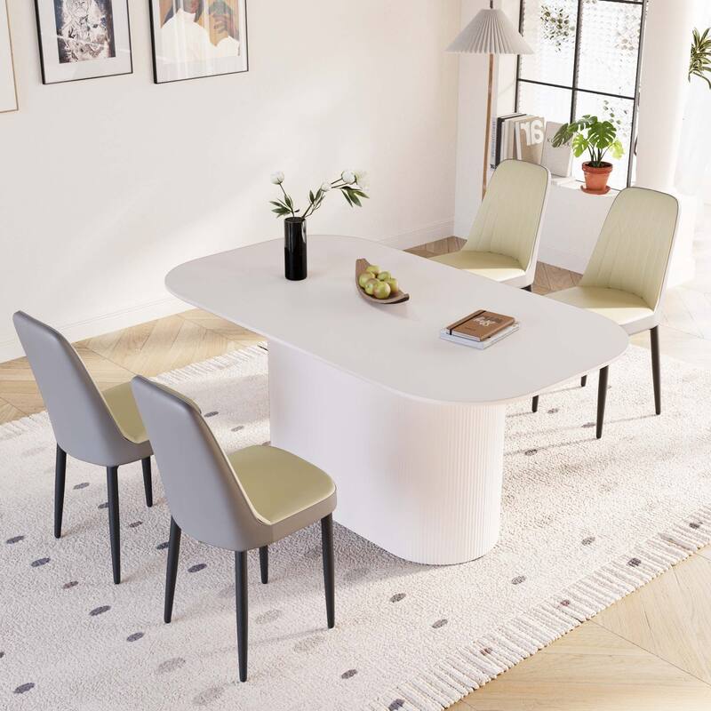 63 "medieval modern cream style MDF dining table and PU dining chair set 4. Assemble Desktop and metal leg dining chair set