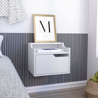 Modern Floating Nightstand , End Table, Side Table Single-Drawer Design with Sleek Two-Tiered Top Shelf Surfaces- White