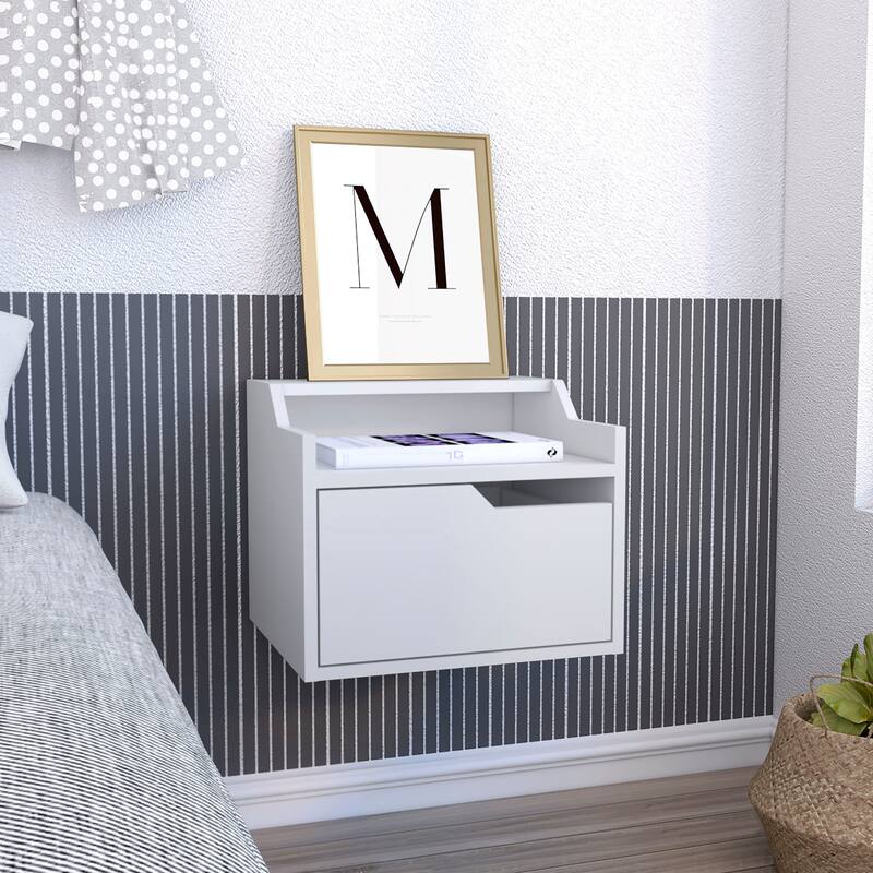 Modern Floating Nightstand , End Table, Side Table Single-Drawer Design with Sleek Two-Tiered Top Shelf Surfaces - White