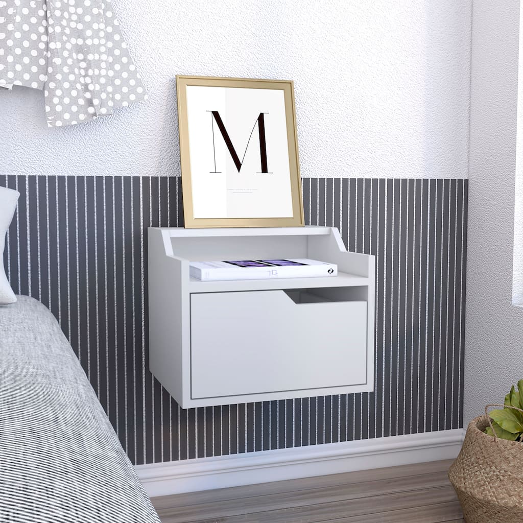 Modern Floating Nightstand with Single Drawer and Two-Tiered Shelf - White