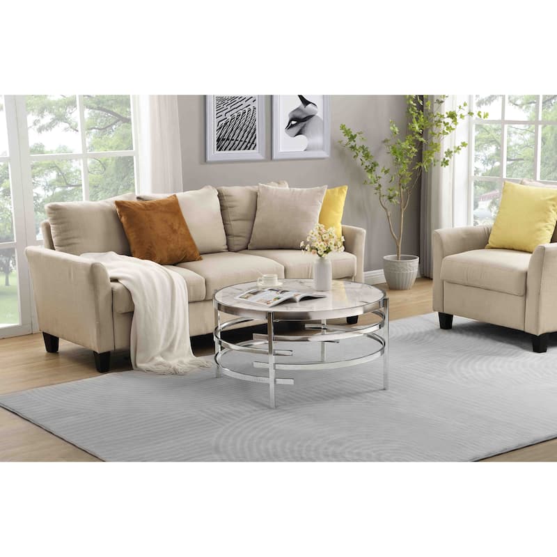 32.48" Chrome Round Coffee Table With Sintered Stone Top&Sturdy Metal Frame,Modern Coffee Table for Living Room