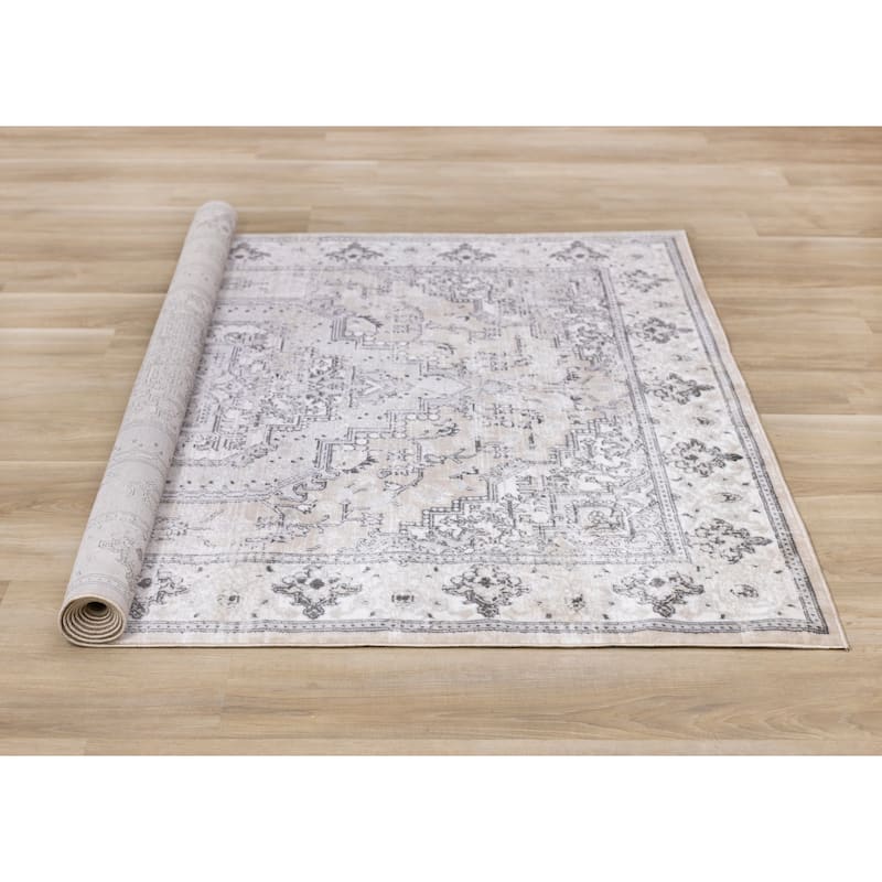 Washable Beige Grey Traditional Area Rug