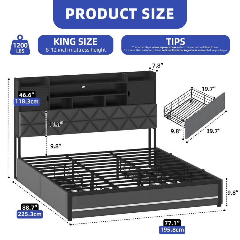Velvet Upholstery Bed Frame With 4 Underbed Storage Drawer, LED Lights And Charging Station