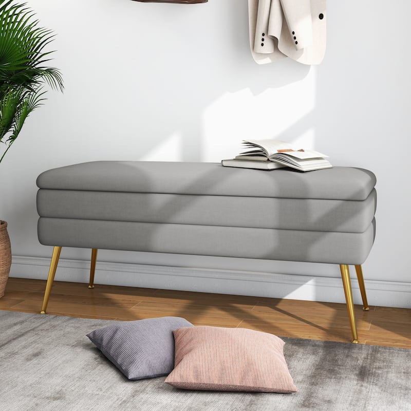 Modern Velvet Storage Ottoman Bench with Metal Legs - Grey