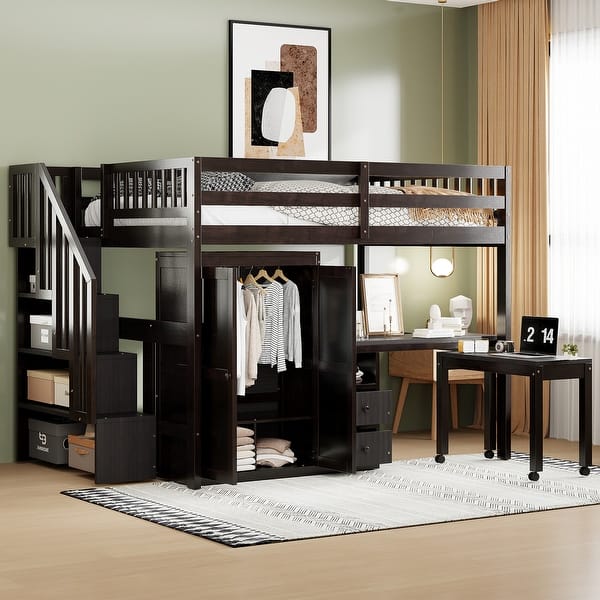 slide 2 of 58, Full Size Loft Bed with Stairs, Bookshelf, Drawers, Desk & Wardrobe - Space-Saving Multifunctional Furniture for Kids & Teens Espresso