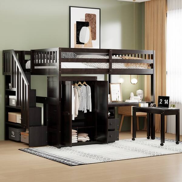 slide 2 of 5, Space-Saving Multifunctional Loft Bed with Wardrobe, Stairs, Bookshelf, Drawers, Desk for Kids & Teens, Full Size, Espresso Espresso