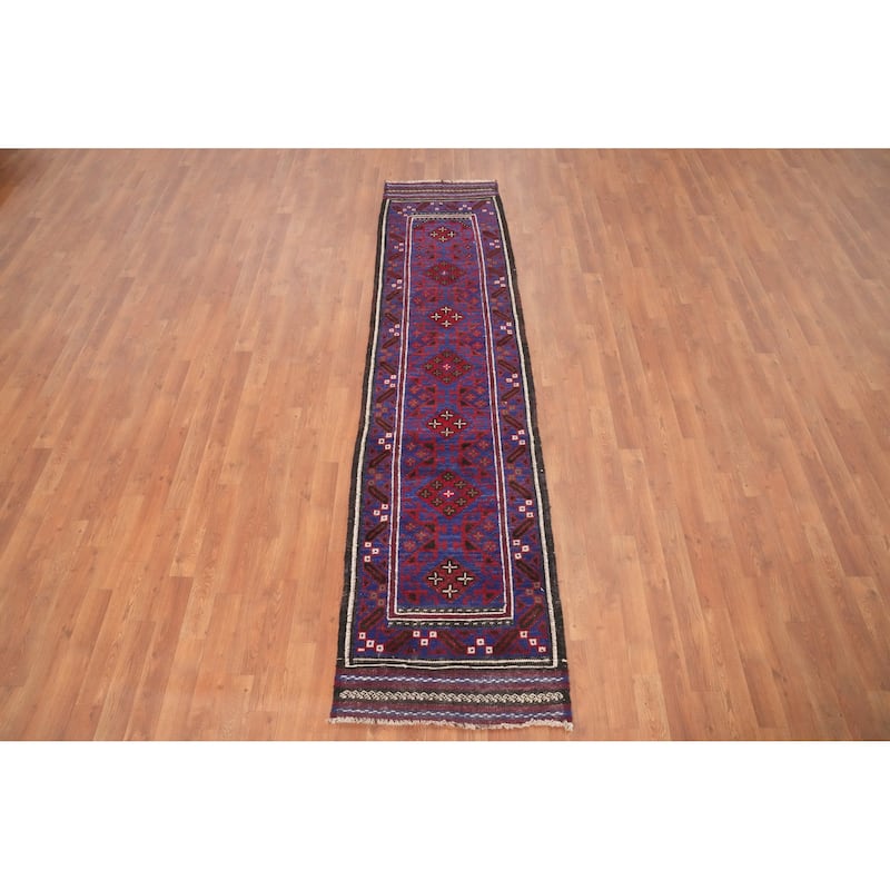 Hand Knotted Oriental 100% Wool Carpet Traditional Tribal Navy Blue & Blues Balouch Runner Rug - 8' 10'' X 2' 1''
