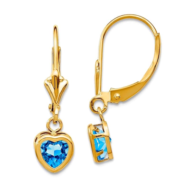 Curata 14k Yellow Gold 5mm Bezel Heart-shaped Gemstone Leverback Earrings - 23x6mm - Blue Topaz