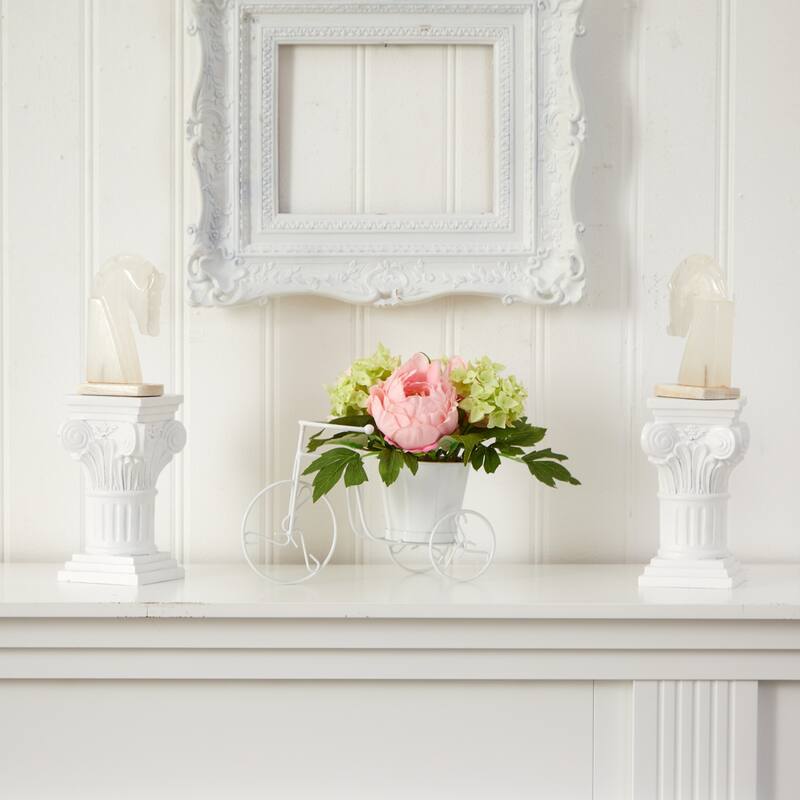 Silk Flower Arrangement Tricycle Planter - Peony Floral Decor Home Garden - 9.5