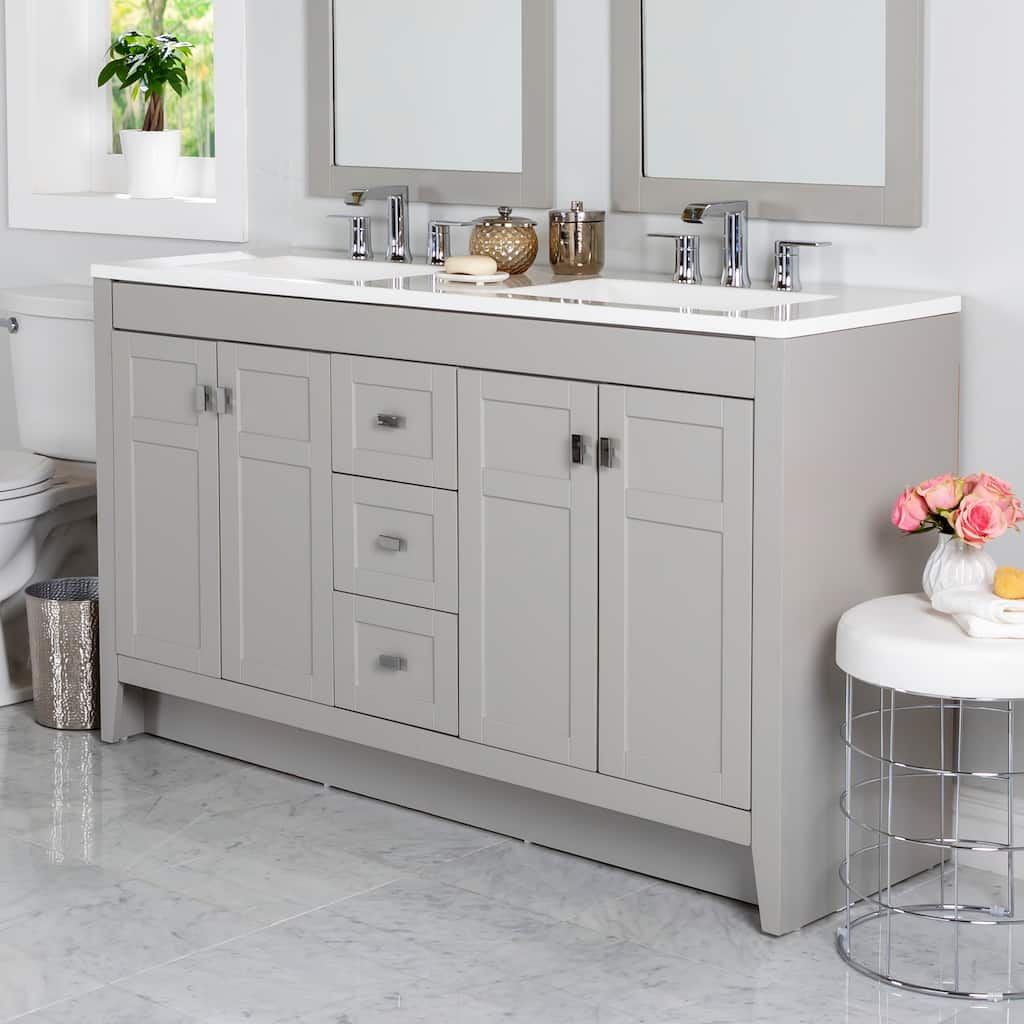 Spring Mill Cabinets Lonsdale 60.5" Double Bathroom Vanity With 6 Drawers and White Sink Top