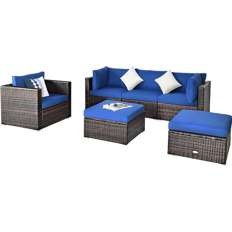 6PCS Patio Rattan Furniture Set Outdoor Conversation Set w/ Cushions - Navy