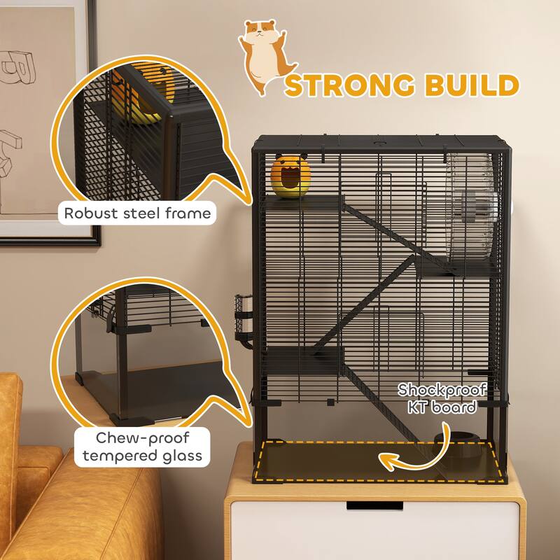 PawHut Large Hamster Cage with Deep Tempered Glass Bottom, 4 Tiers Hamster Tank with Running Wheel, Hut, Water Bottle, Black