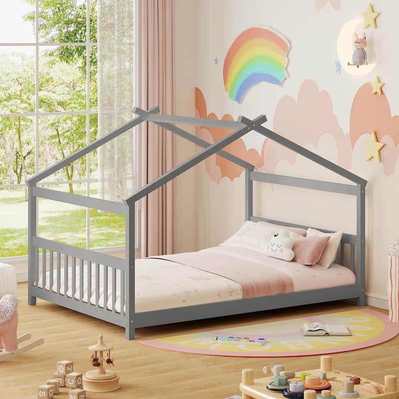 Full Size Kids Wooden House Design Platform Bed Montessori with Headboard and Footboard
