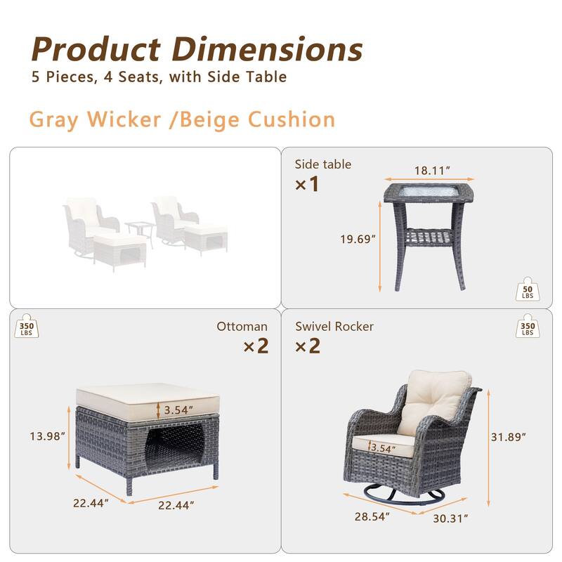 5 Piece Outdoor Wicker Patio Swivel Chair with Ottoman Conversation Set