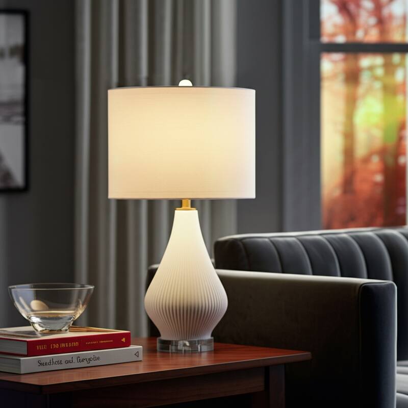 Modern Porcelain Teardrop Table Lamp with Textured Linen Shade - 24" - 24.0"