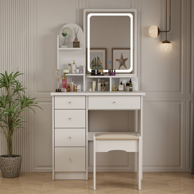 Vanity Desk with LED Lighted Mirror, Makeup Vanity Table with Drawers, Shelves and Stool