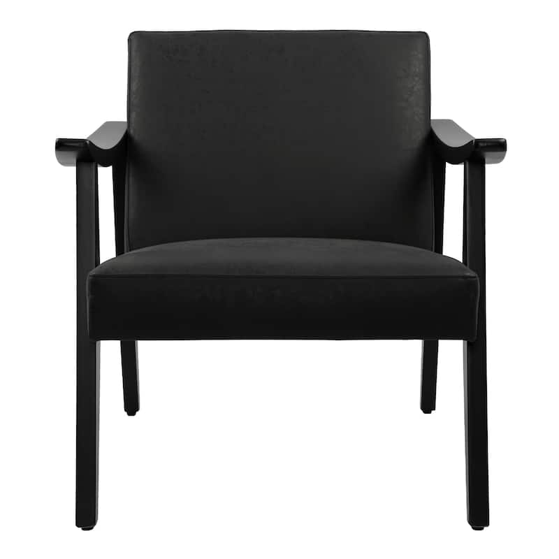 Faux Leather Accent Chair Solid Wood Armchair in Black Finish - Black