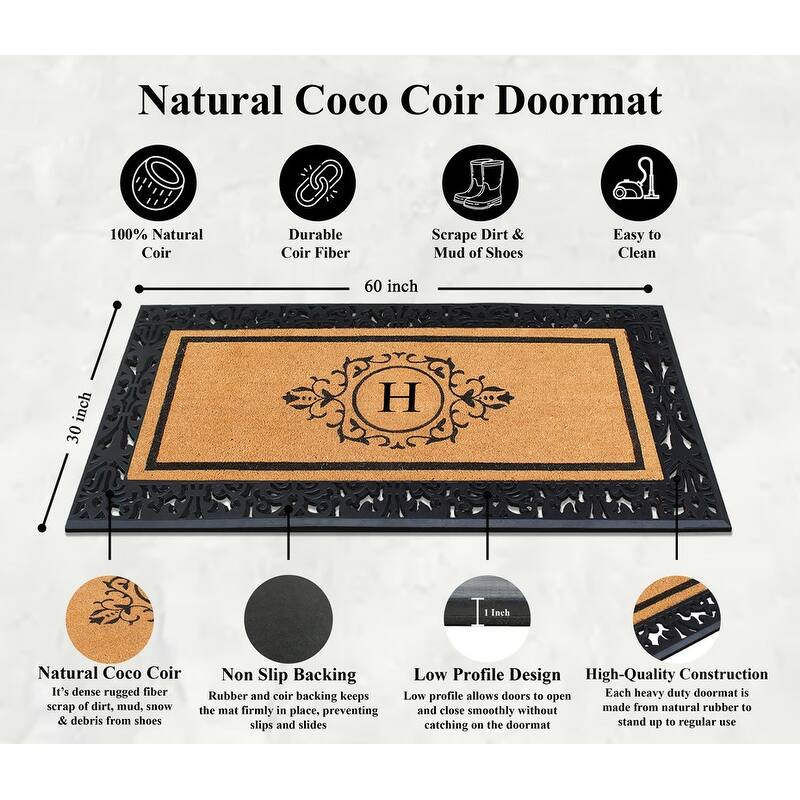A1HC Natural Coir and Rubber Floral Bordered Doormat 30 in. x 60 in.