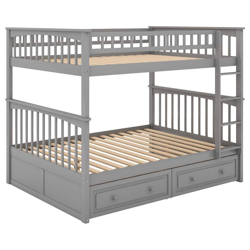 Full over Full Bunk Bed with Drawers, Convertible Beds, Gray