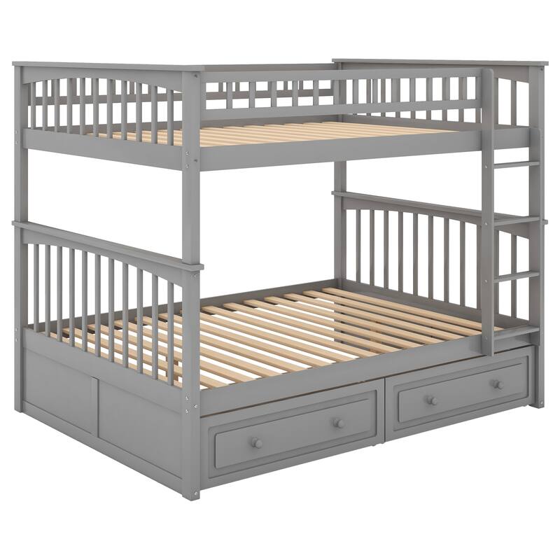 Full over Full Convertible Bunk Bed with Storage Drawers and Guardrails