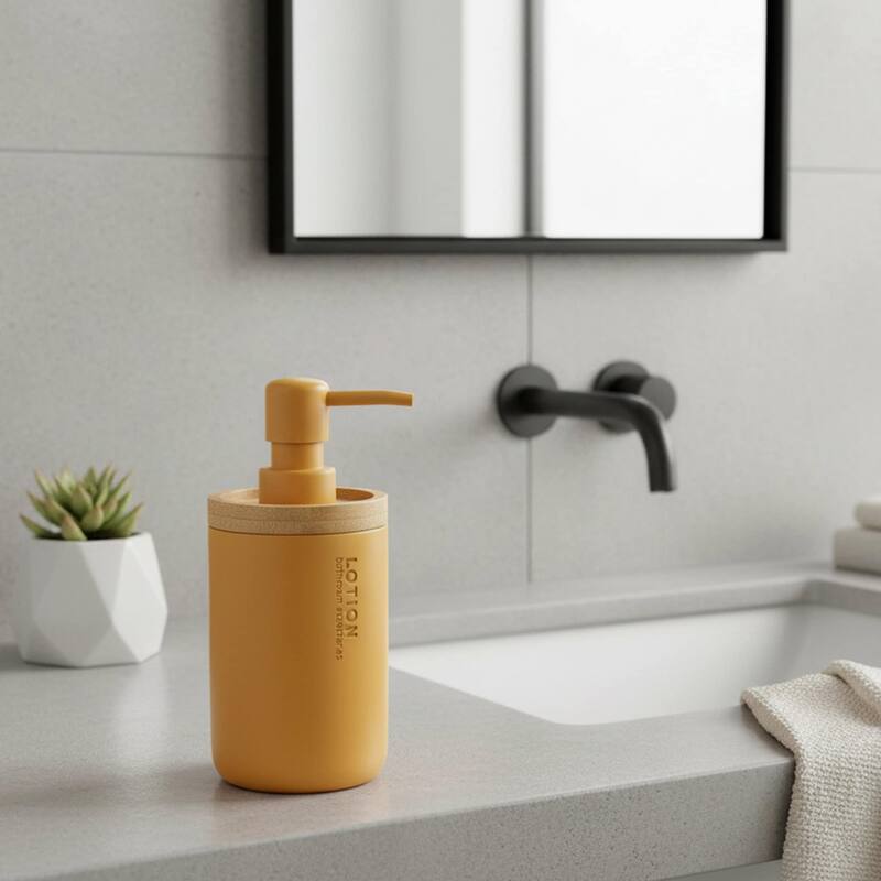 Elegant Soap Dispenser - Polyresin and Bamboo Design, Refillable Liquid Pump - 3 L x 3 W X 7 h - Mustard Yellow