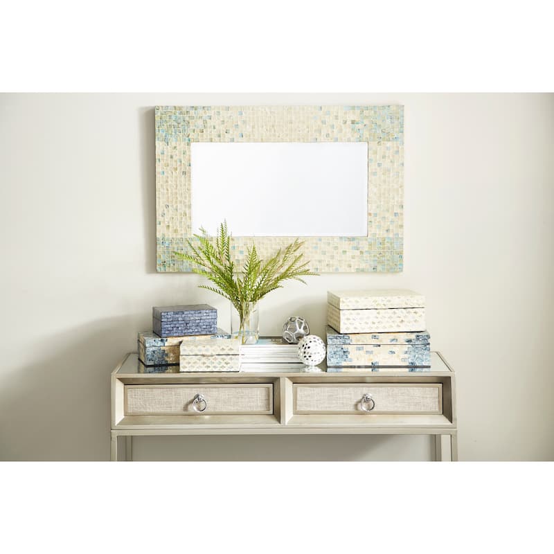 Mother of Pearl Shell Handmade Mosaic Wall Mirror with Blue Corners - Cream - Roche River Decor