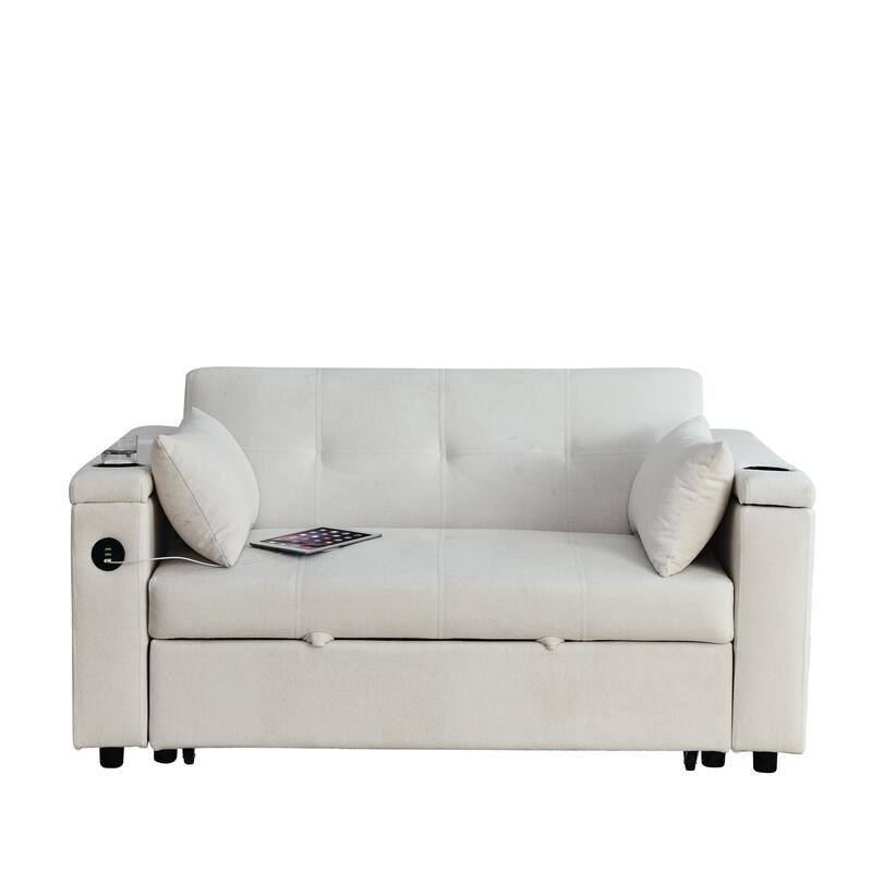 Chenille Pull-Out Sleeper Loveseat Bed Adjustable Backrest Tufted Futon Sofa with 2 Pillow and USB Ports, Pockets