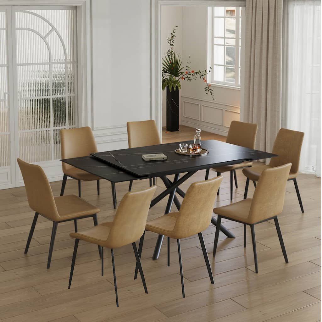 Retractable Sintered Stone Dining Table Set,steel table legs and a cross-leg structure at the bottom(Table + 8 Chairs)