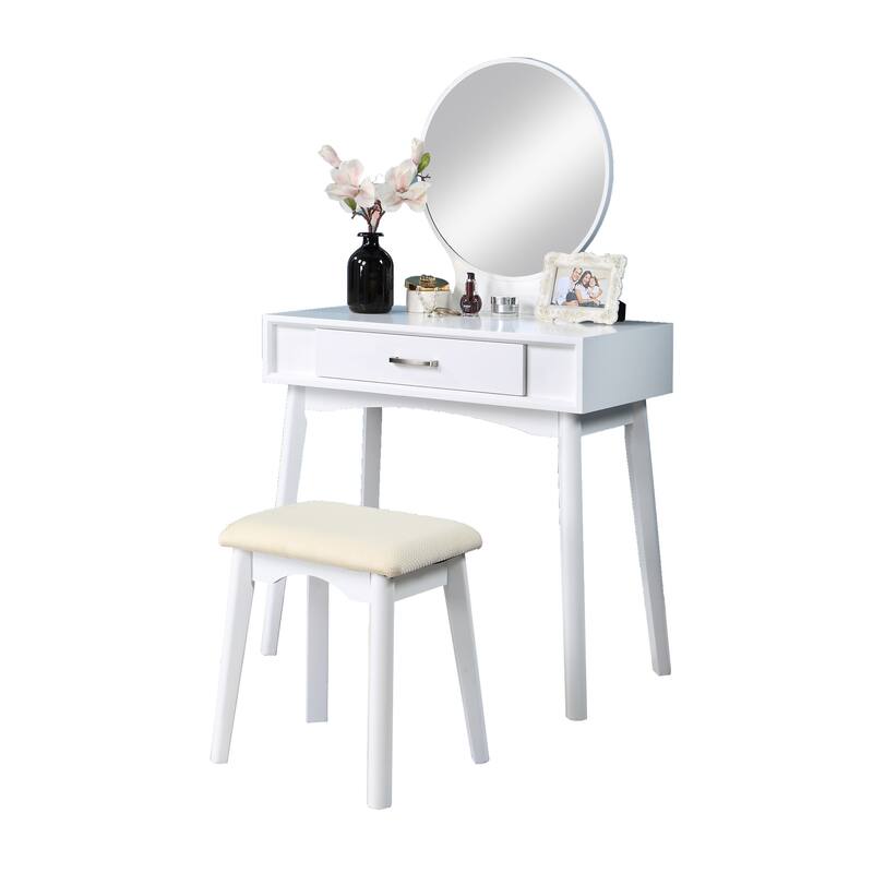 Contemporary Wood Vanity and Stool Set - White