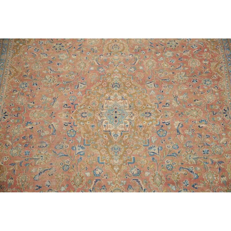 Hand Knotted Oriental 100% Wool Carpet Traditional Floral Pink Mashad Area Rug - 12' 9'' X 9' 4''