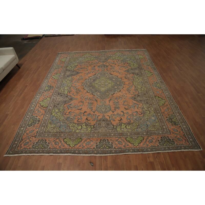 Hand Knotted Oriental 100% Wool Carpet Traditional Floral Oranges & Rust Tabriz Area Rug - 12' 7'' X 10' 1''