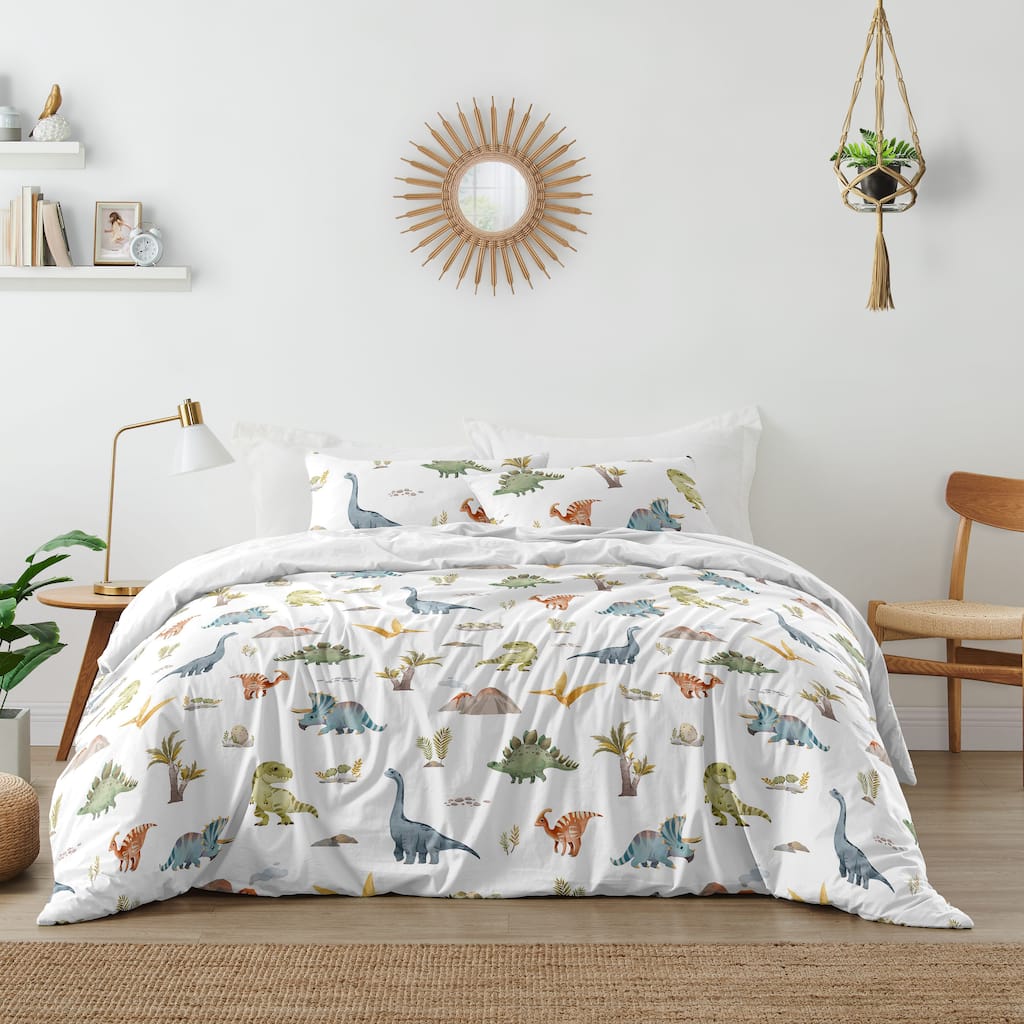 Sweet Jojo Designs Watercolor Dinosaur Dino Boy Queen Duvet Cover Bedding Set - Blue & Green, Modern Dinosaurs, Jurassic, Trex