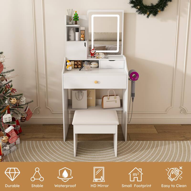 3-Color LED Vanity Mirror with Stool，Dressing Table for Bedroom, 2 Drawers & 5 Storage Cabinets (4 Open + 1 Hidden)