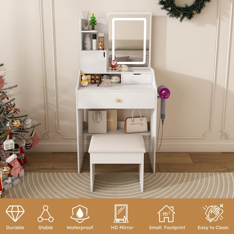 Anmytek Makeup Vanity Set with 3-Color LED - 2 Drawers & 5 Storage Cabinets, Adjustable Lighting Dressing Table