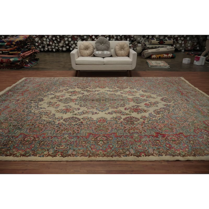 Hand Knotted Oriental 100% Wool Carpet Traditional Floral Beige & Ivories Kerman Area Rug - 13' 3'' X 9' 11''